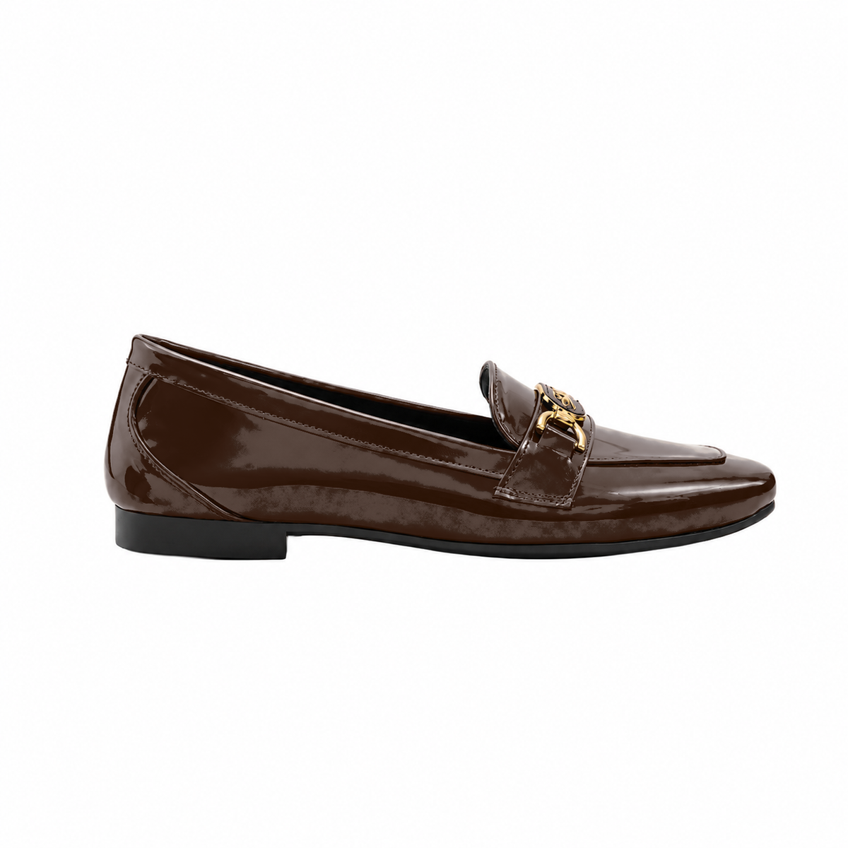 Chocolate Chain Loafers – Step Into Your Power – glossy chocolate brown loafers, side view – ECADRA