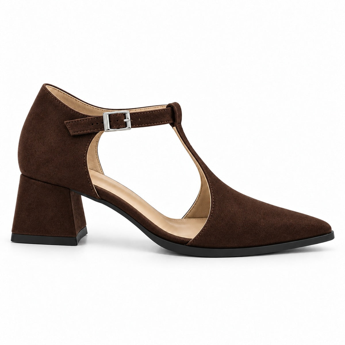 Chocolate suede T-strap heels with wide strap, silver buckle and 5 cm flared heel, side view — ECADRA