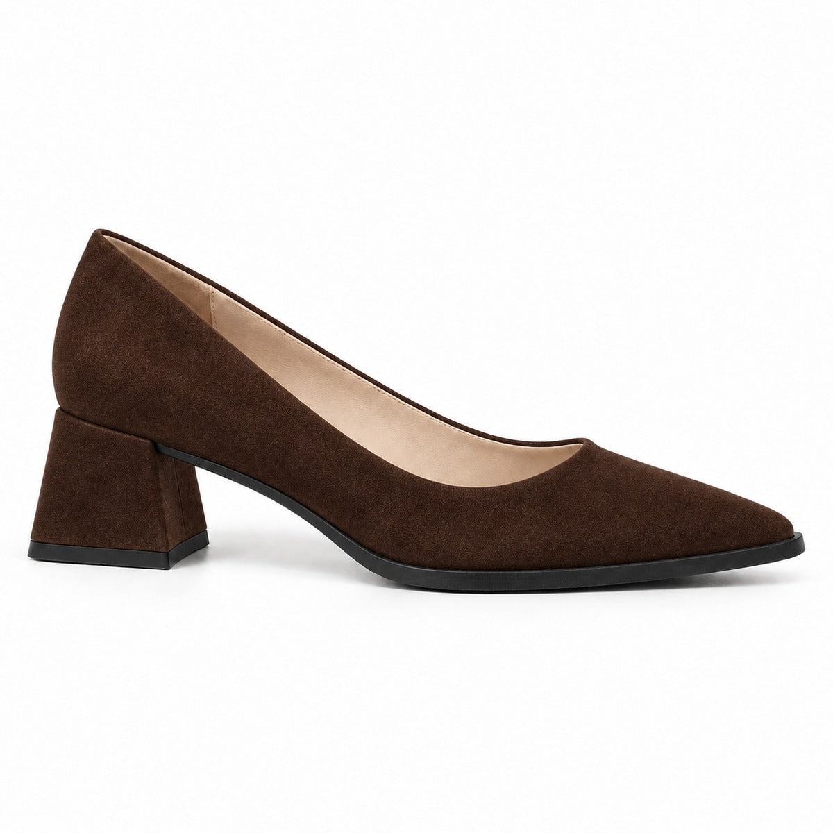 Chocolate suede pointed pump with low 5 cm flared block heel, side view — ECADRA
