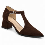 Chocolate suede T-strap heels with wide strap, silver buckle and 5 cm flared heel, front three-quarter view — ECADRA