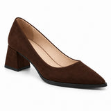 Chocolate suede pointed pump with low 5 cm flared block heel, front three-quarter view — ECADRA