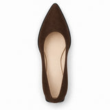 Chocolate suede pointed pump with low 5 cm flared block heel, top view — ECADRA