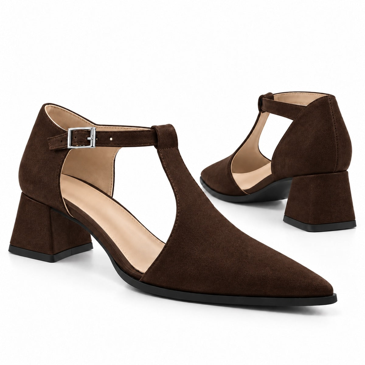 Chocolate suede T-strap heels with wide strap, silver buckle and 5 cm flared heel, the pair — ECADRA