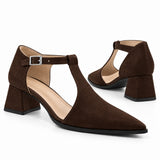 Chocolate suede T-strap heels with wide strap, silver buckle and 5 cm flared heel, the pair — ECADRA
