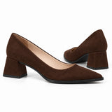 Chocolate suede pointed pump with low 5 cm flared block heel, the pair — ECADRA