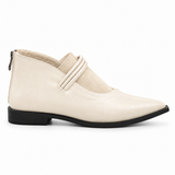 Cream pointed-toe ankle boots with three coiled straps — side view — ECADRA