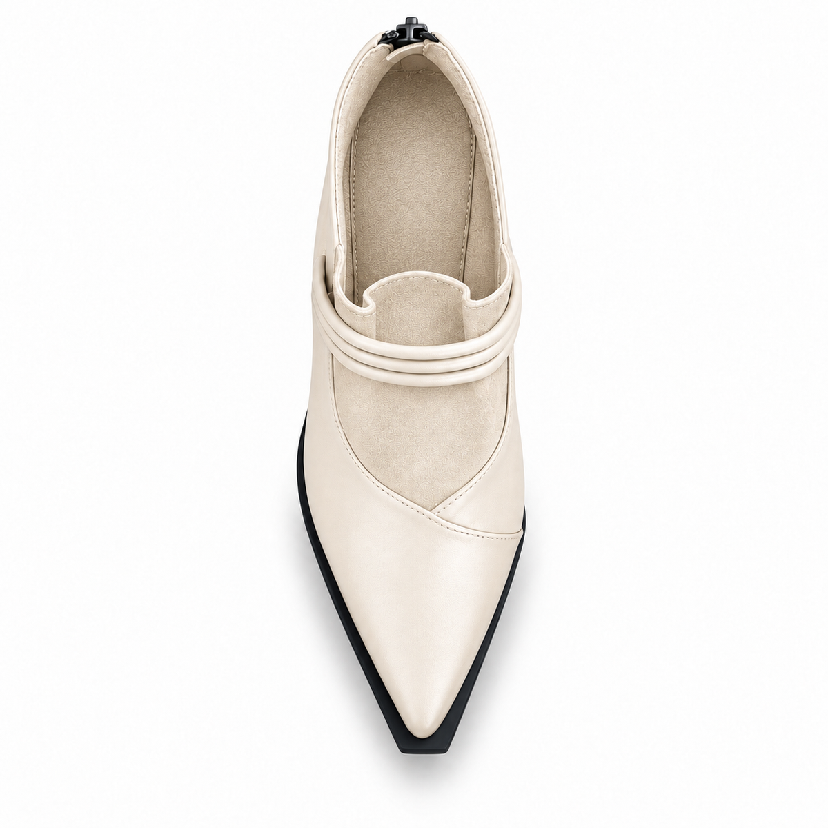 Cream pointed-toe ankle boots with three coiled straps — top view — ECADRA