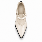 Cream pointed-toe ankle boots with three coiled straps — top view — ECADRA