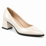 Cream gloss pointed pump with low 5 cm flared block heel, front three-quarter view — ECADRA