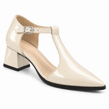 Cream gloss T-strap heels with wide strap, silver buckle and 5 cm flared heel, front three-quarter view — ECADRA