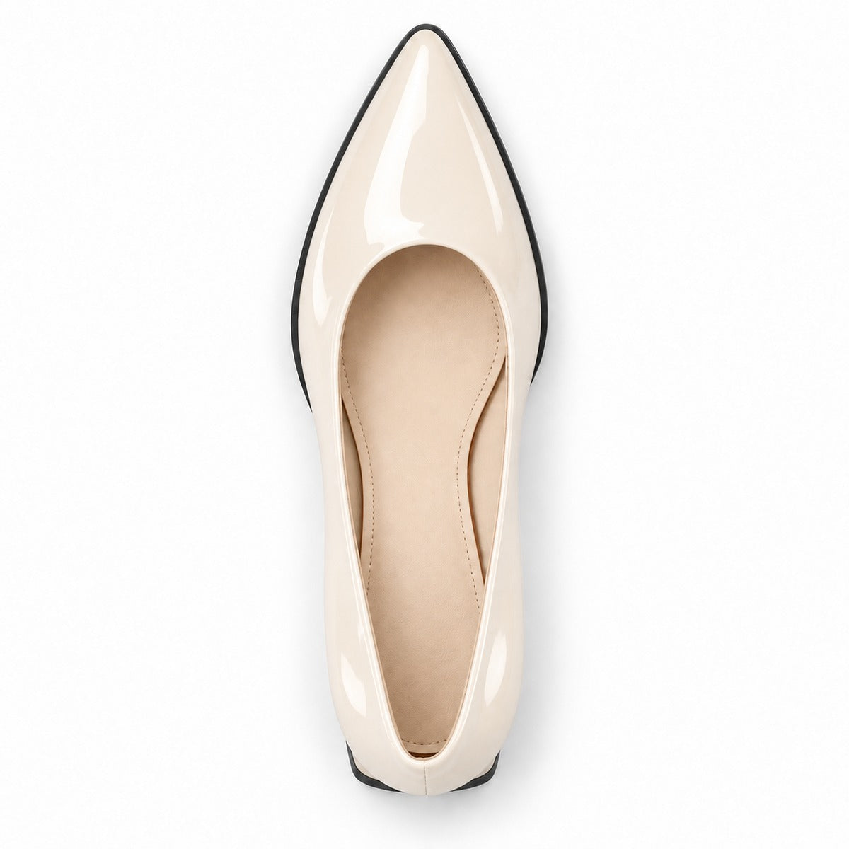 Cream gloss pointed pump with low 5 cm flared block heel, top view — ECADRA
