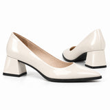 Cream gloss pointed pump with low 5 cm flared block heel, the pair — ECADRA
