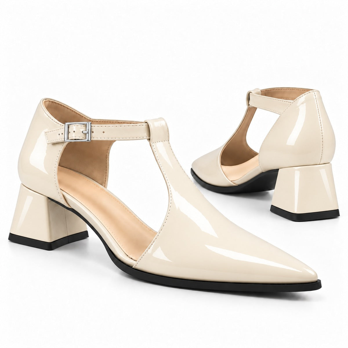 Cream gloss T-strap heels with wide strap, silver buckle and 5 cm flared heel, the pair — ECADRA