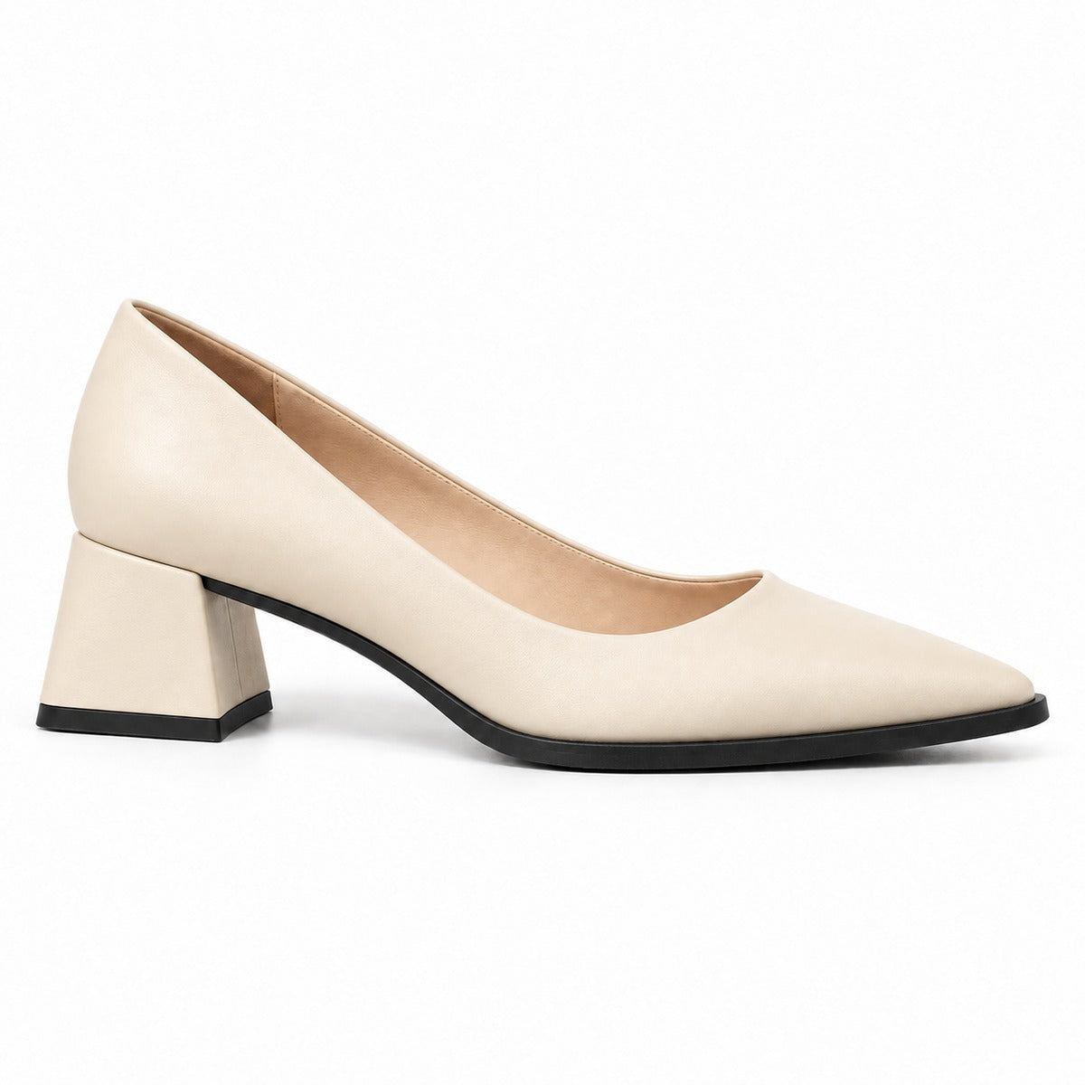 Cream matte pointed pump with low 5 cm flared block heel, side view — ECADRA