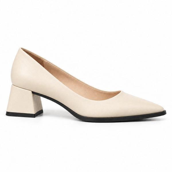 Cream matte pointed pump with low 5 cm flared block heel, side view — ECADRA