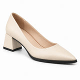 Cream matte pointed pump with low 5 cm flared block heel, front three-quarter view — ECADRA