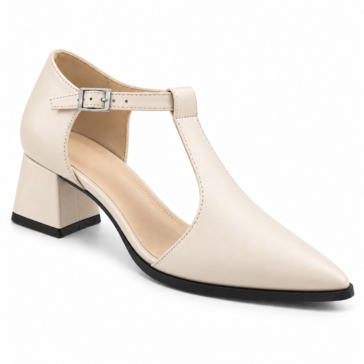 Cream matte T-strap heels with wide strap, silver buckle and 5 cm flared heel, front three-quarter view — ECADRA