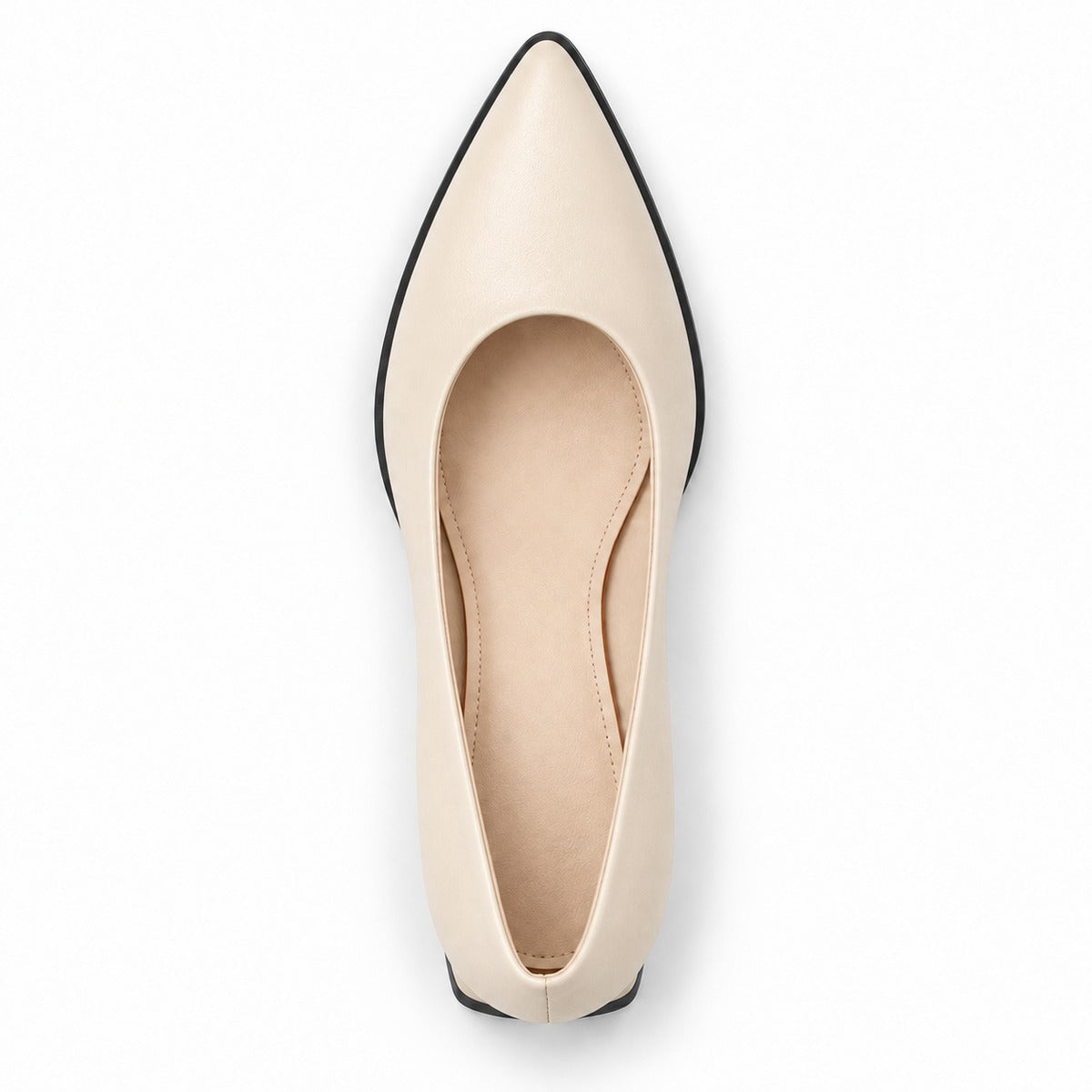Cream matte pointed pump with low 5 cm flared block heel, top view — ECADRA