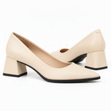 Cream matte pointed pump with low 5 cm flared block heel, the pair — ECADRA