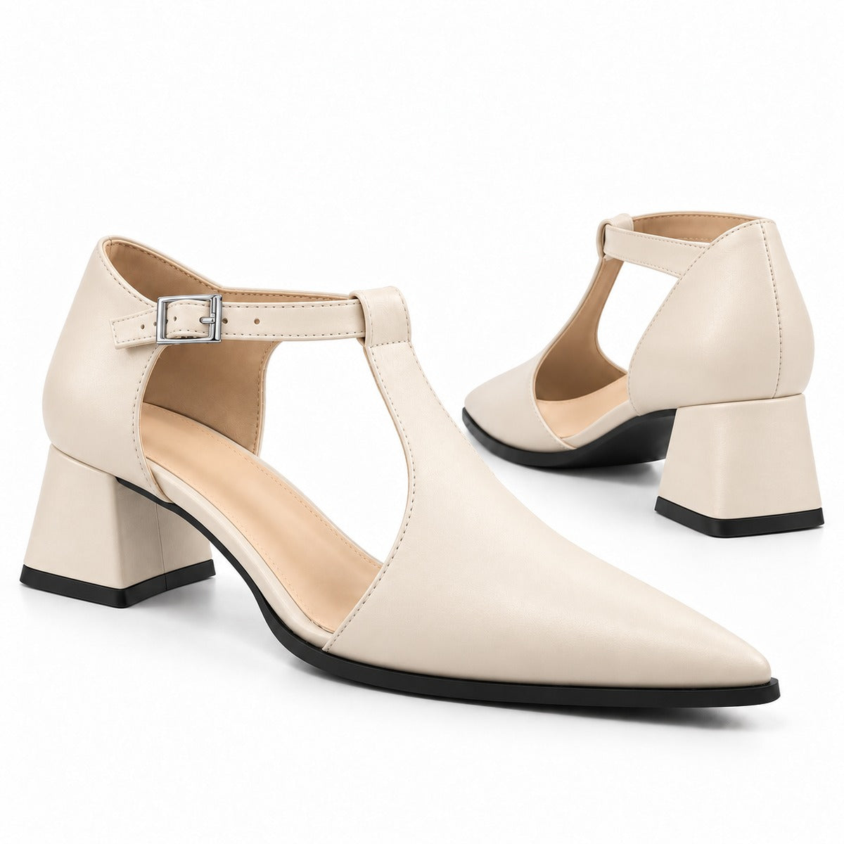 Cream matte T-strap heels with wide strap, silver buckle and 5 cm flared heel, the pair — ECADRA