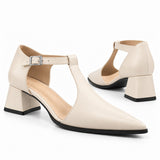 Cream matte T-strap heels with wide strap, silver buckle and 5 cm flared heel, the pair — ECADRA
