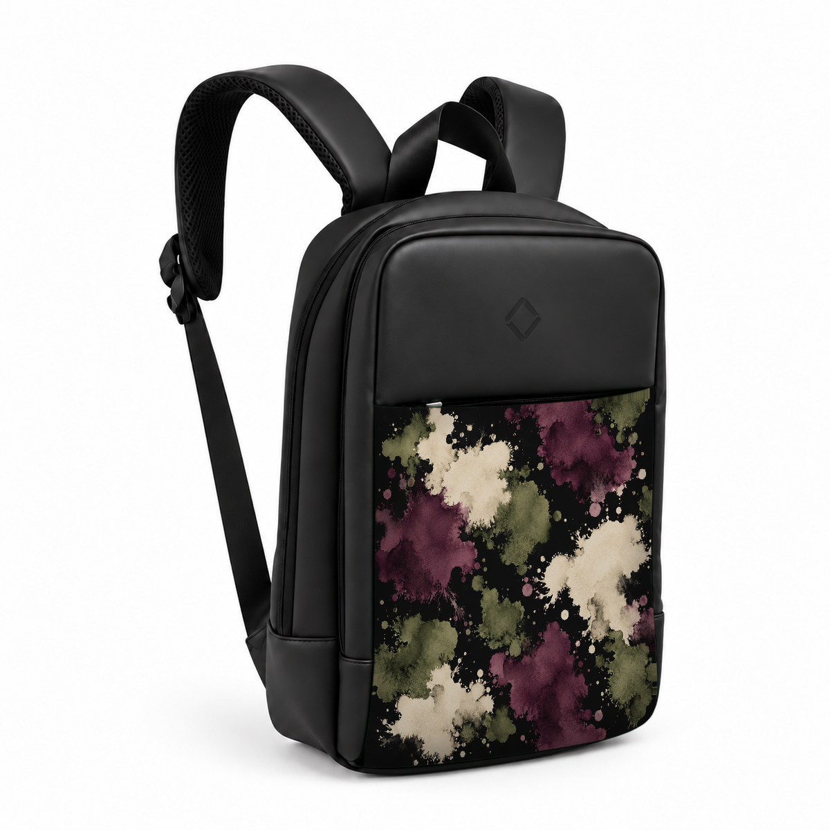 Daybook Backpack – Printed Inkspill, three-quarter view – شنطة ضهر لابتوب مطبوعة بقع حبر، من الجنب – ECADRA
