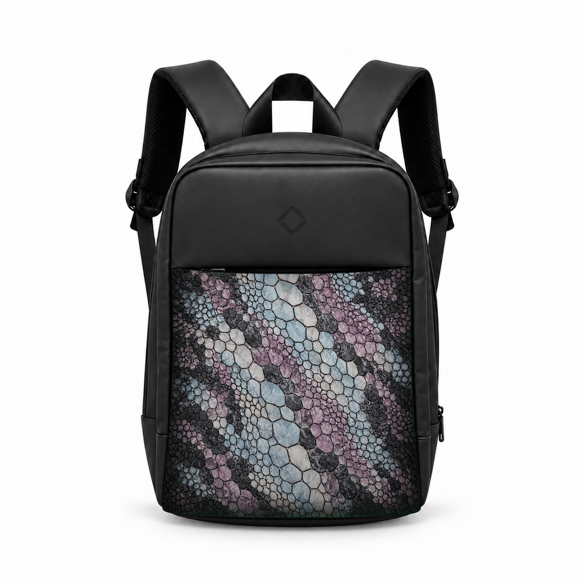 Daybook Backpack – Printed Pastel Reptile, from the front – شنطة ضهر لابتوب مطبوعة جلد زواحف باستيل، من قدام – ECADRA