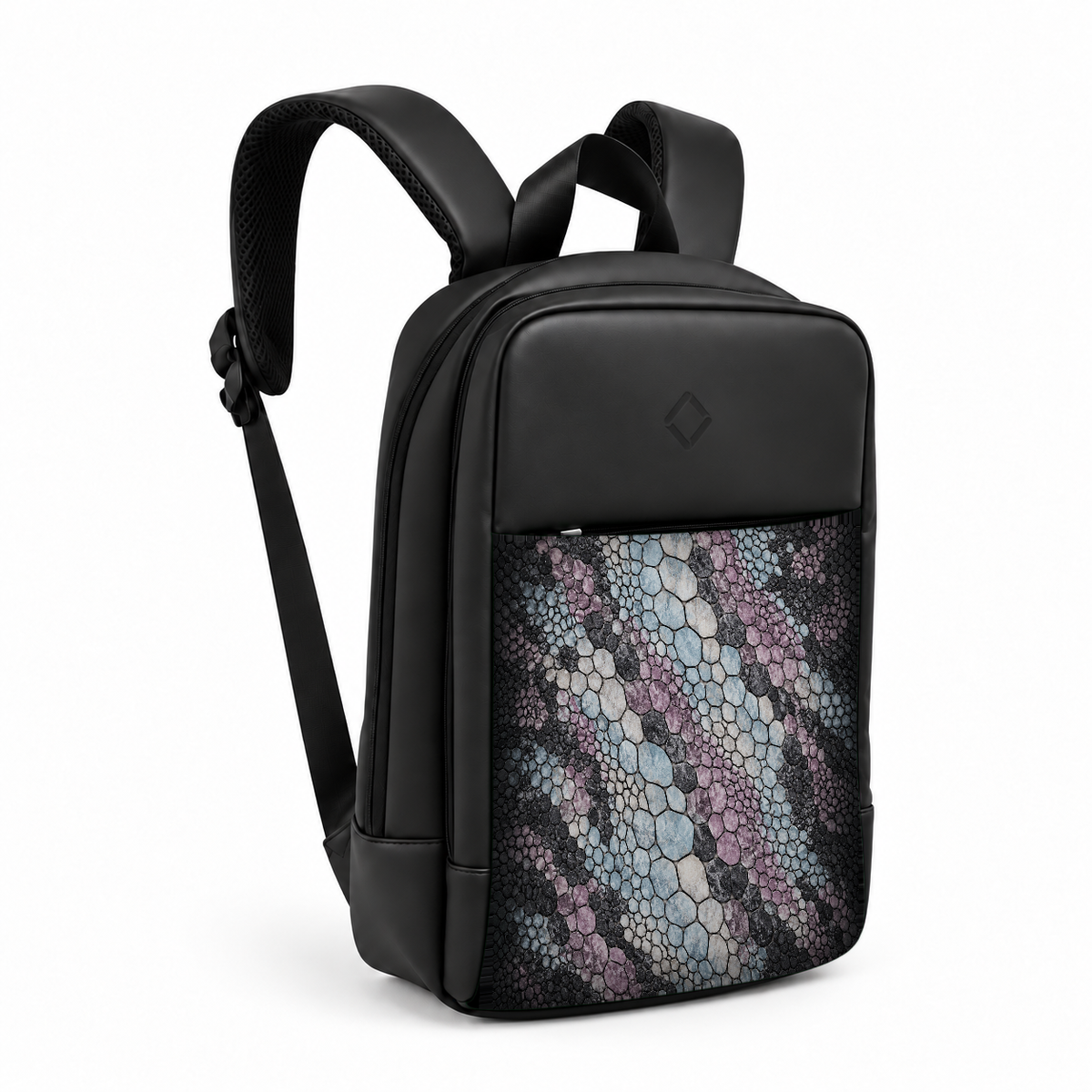 Daybook Backpack – Printed Pastel Reptile, three-quarter view – شنطة ضهر لابتوب مطبوعة جلد زواحف باستيل، من الجنب – ECADRA