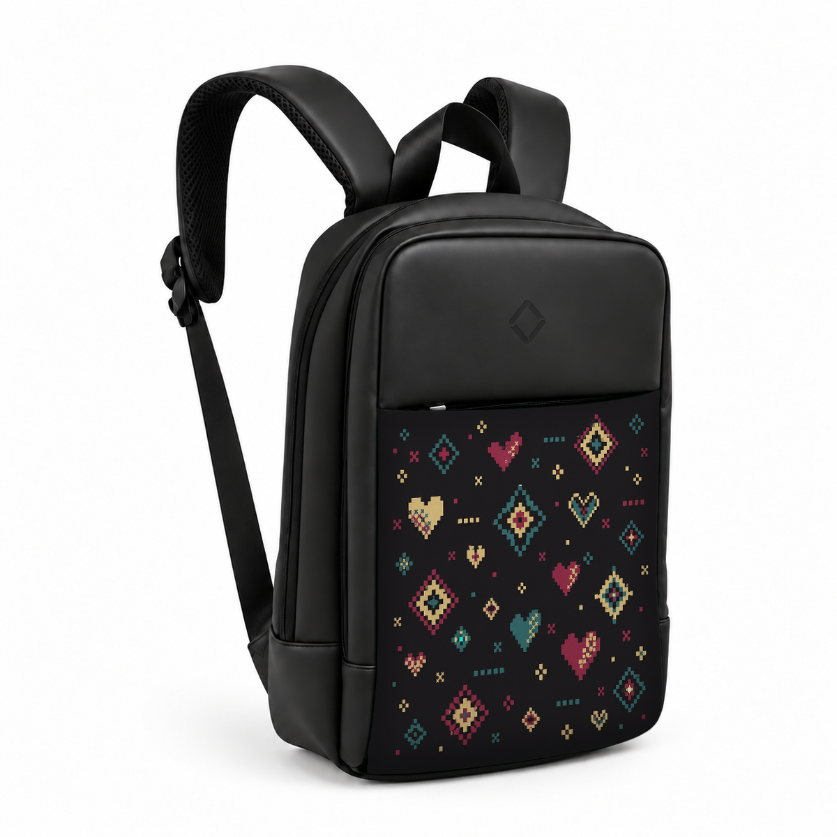 Daybook Backpack – Printed Pixel Stitch, three-quarter view – شنطة ضهر لابتوب مطبوعة غرز بكسل، من الجنب – ECADRA