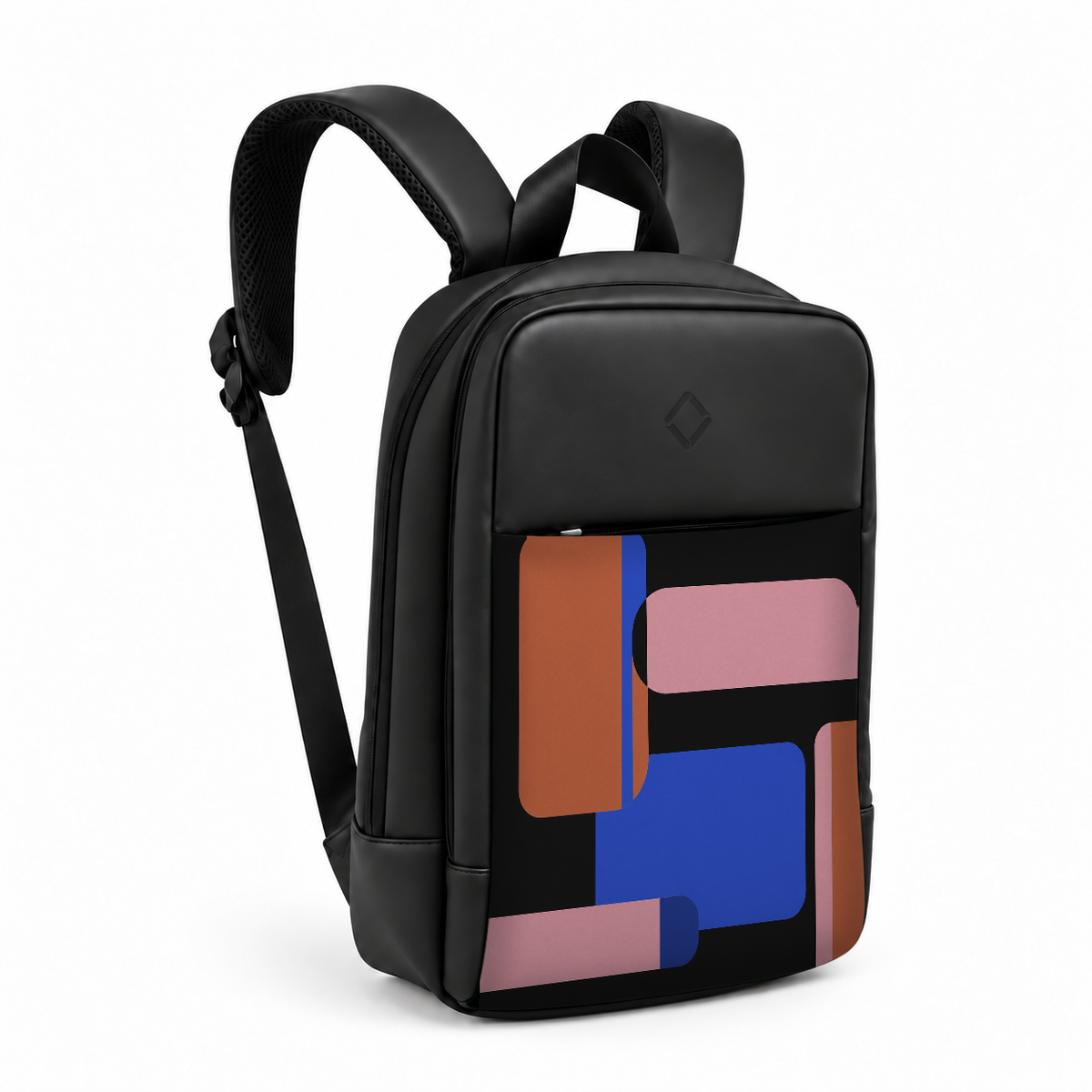 Daybook Backpack – Printed Retro Blocks, three-quarter view – شنطة ضهر لابتوب مطبوعة مربعات ريترو، من الجنب – ECADRA