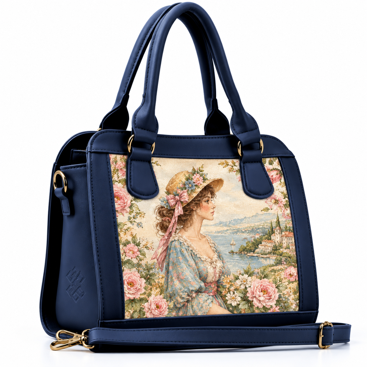Navy leather hobo bag with vintage regency woman illustration and floral panel, product shot on white background