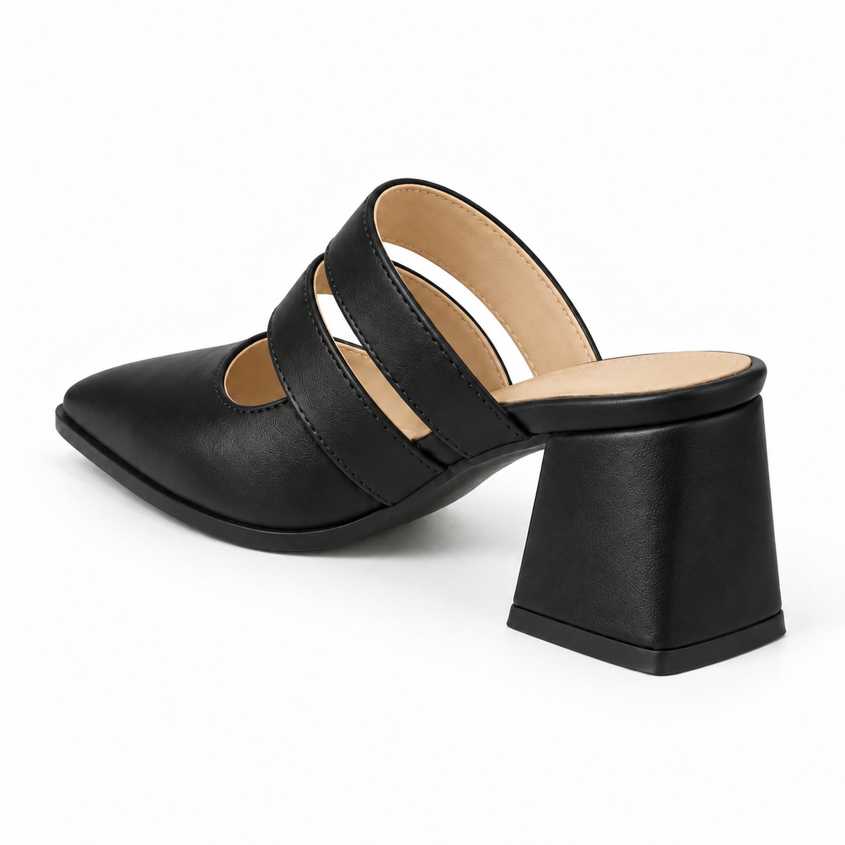 Double Strap Mules Black – ميول حريمي بكعب جلد صناعي أسود، من ورا – ECADRA