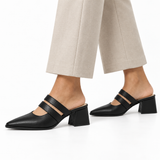 Double Strap Mules Black – ميول حريمي بكعب جلد صناعي أسود، على الرجل – ECADRA