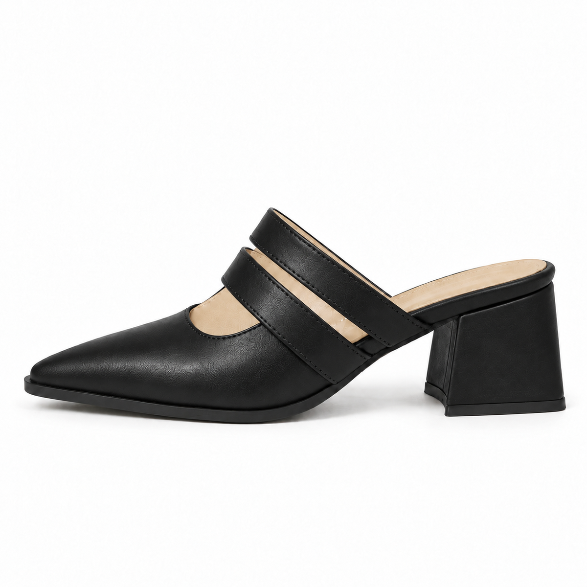 Double Strap Mules Black – ميول حريمي بكعب جلد صناعي أسود، من الجنب – ECADRA
