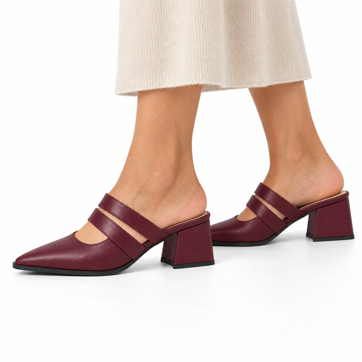Double Strap Mules Burgundy – ميول حريمي بكعب جلد صناعي نبيتي، على الرجل – ECADRA