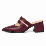 Double Strap Mules Burgundy – ميول حريمي بكعب جلد صناعي نبيتي، من الجنب – ECADRA