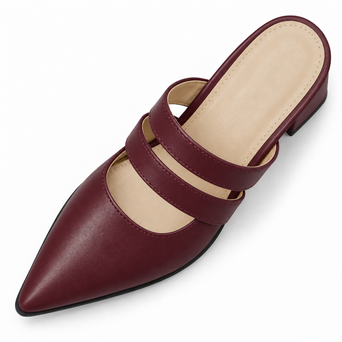 Double Strap Mules Burgundy – ميول حريمي بكعب جلد صناعي نبيتي، من فوق – ECADRA