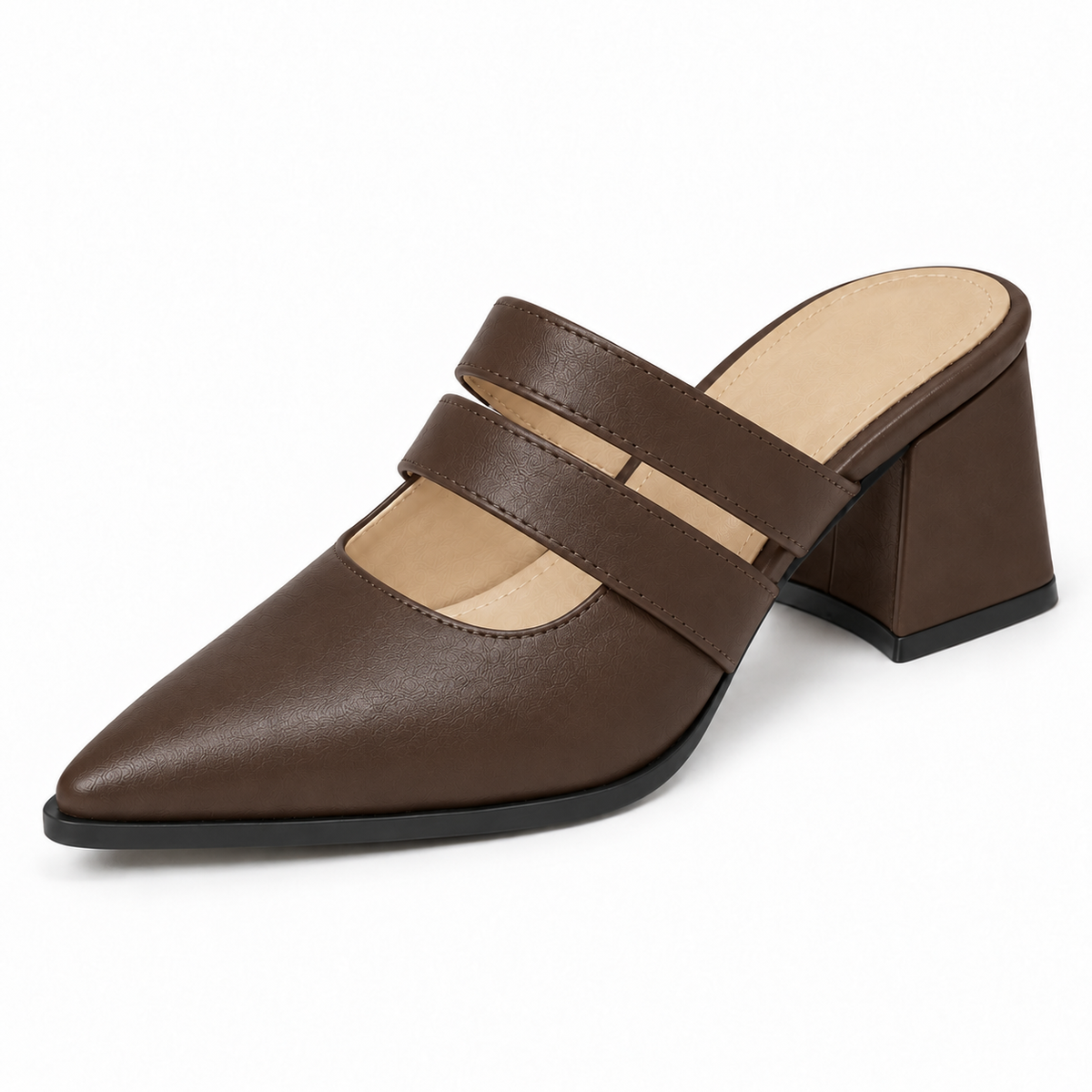 Double Strap Mules Chocolate Brown – ميول حريمي بكعب جلد صناعي بني شوكولاتة، من قدام – ECADRA