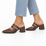 Double Strap Mules Chocolate Brown – ميول حريمي بكعب جلد صناعي بني شوكولاتة، على الرجل – ECADRA