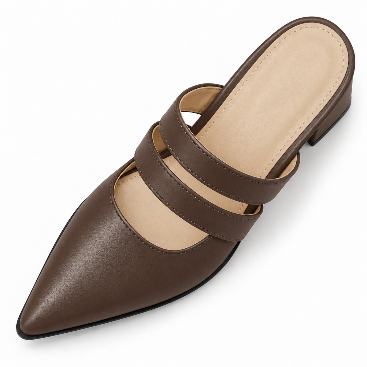 Double Strap Mules Chocolate Brown – ميول حريمي بكعب جلد صناعي بني شوكولاتة، من فوق – ECADRA