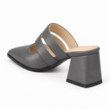 Double Strap Mules Grey – ميول حريمي بكعب جلد صناعي رمادي، من ورا – ECADRA