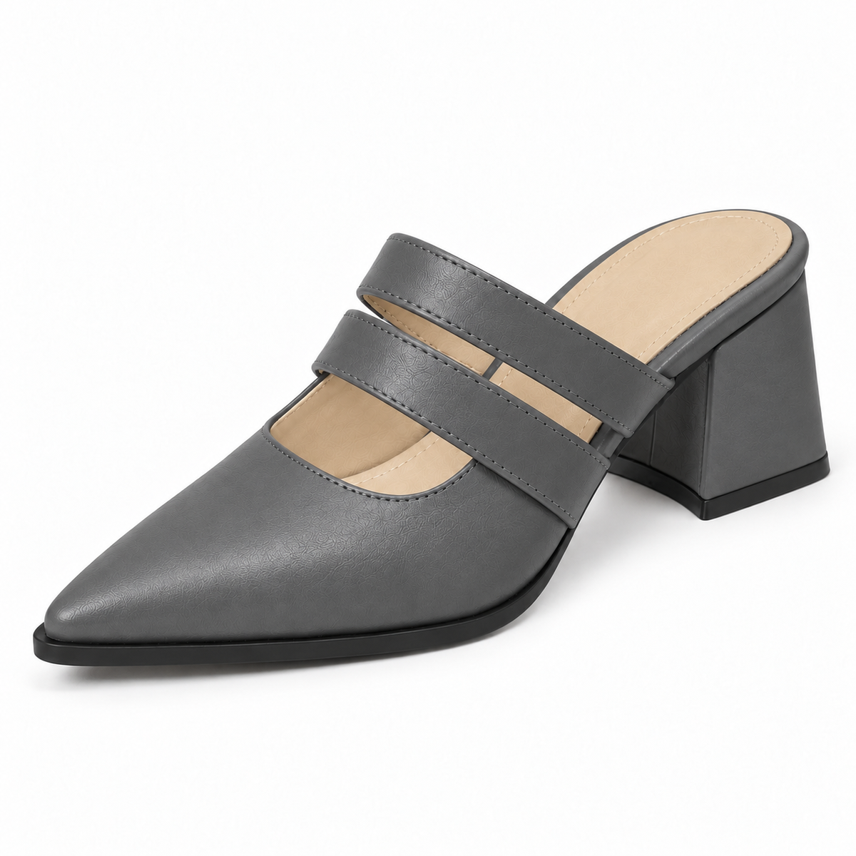 Double Strap Mules Grey – ميول حريمي بكعب جلد صناعي رمادي، من قدام – ECADRA