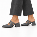 Double Strap Mules Grey – ميول حريمي بكعب جلد صناعي رمادي، على الرجل – ECADRA