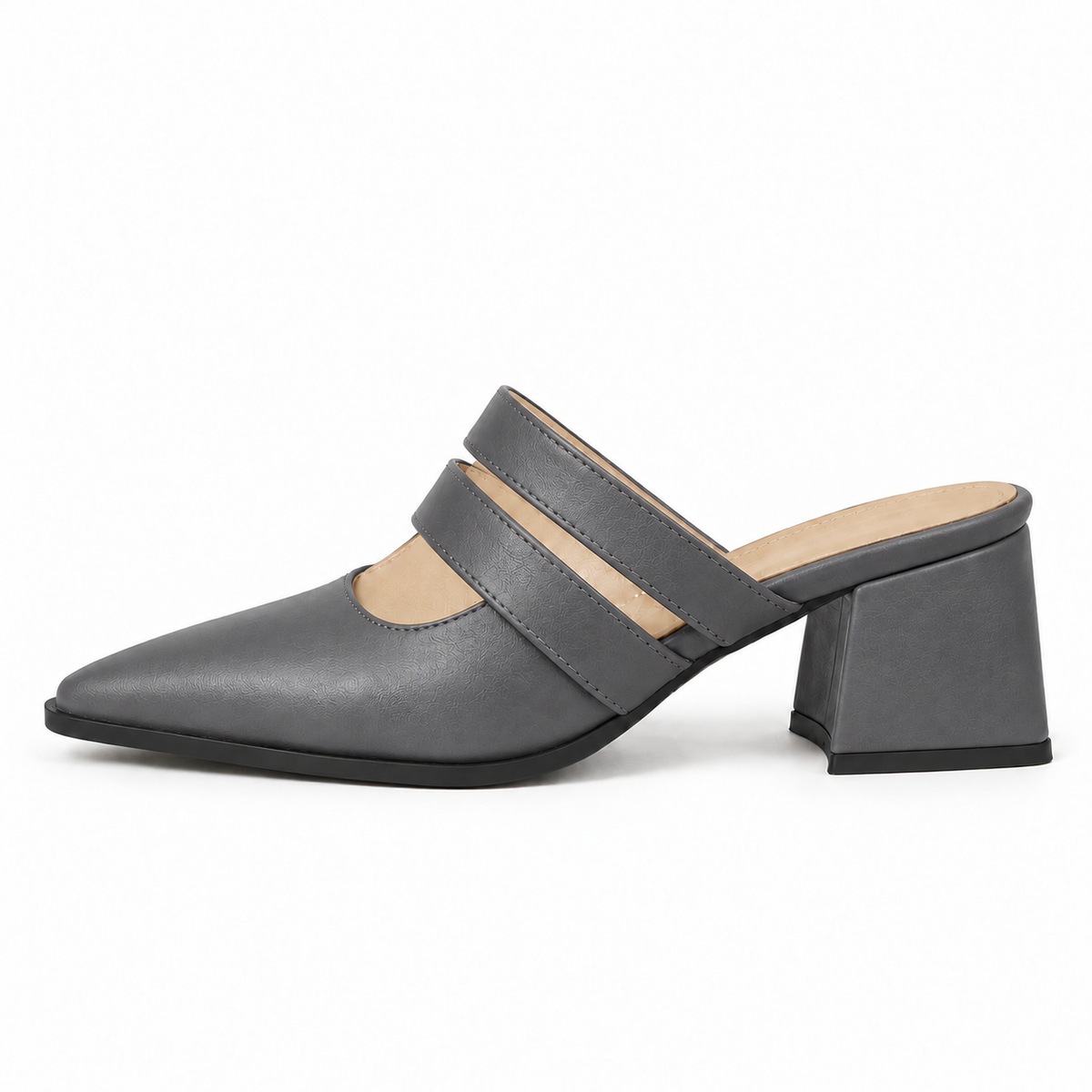 Double Strap Mules Grey – ميول حريمي بكعب جلد صناعي رمادي، من الجنب – ECADRA