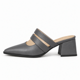 Double Strap Mules Grey – ميول حريمي بكعب جلد صناعي رمادي، من الجنب – ECADRA
