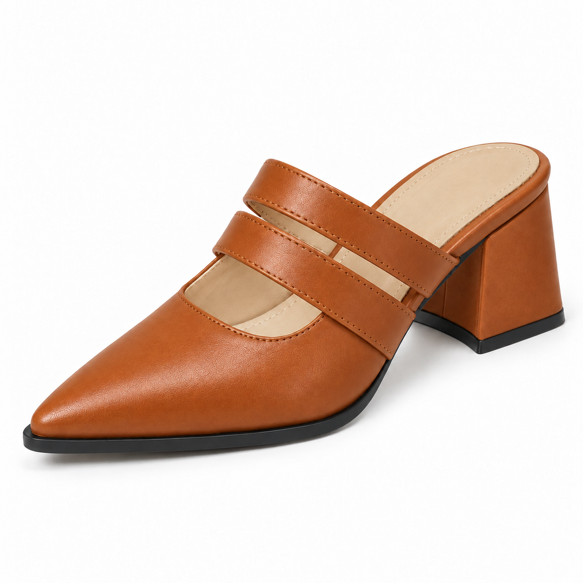 Double Strap Mules Havana – ميول حريمي بكعب جلد صناعي هافانا، من قدام – ECADRA