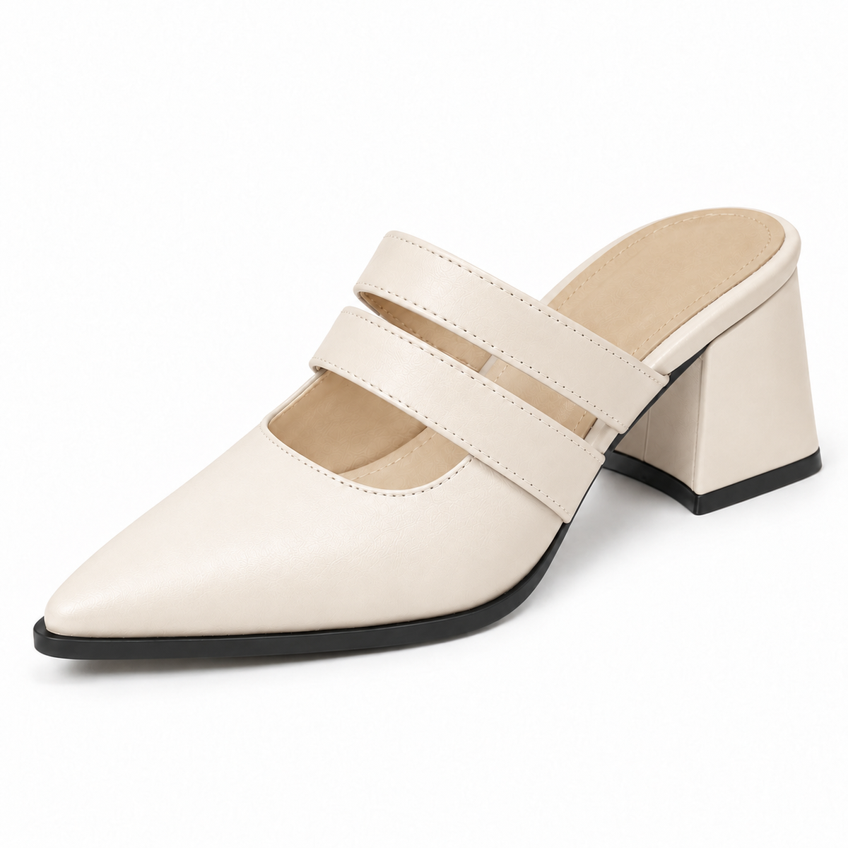 Double Strap Mules Ivory – ميول حريمي بكعب جلد صناعي أوف وايت، من قدام – ECADRA