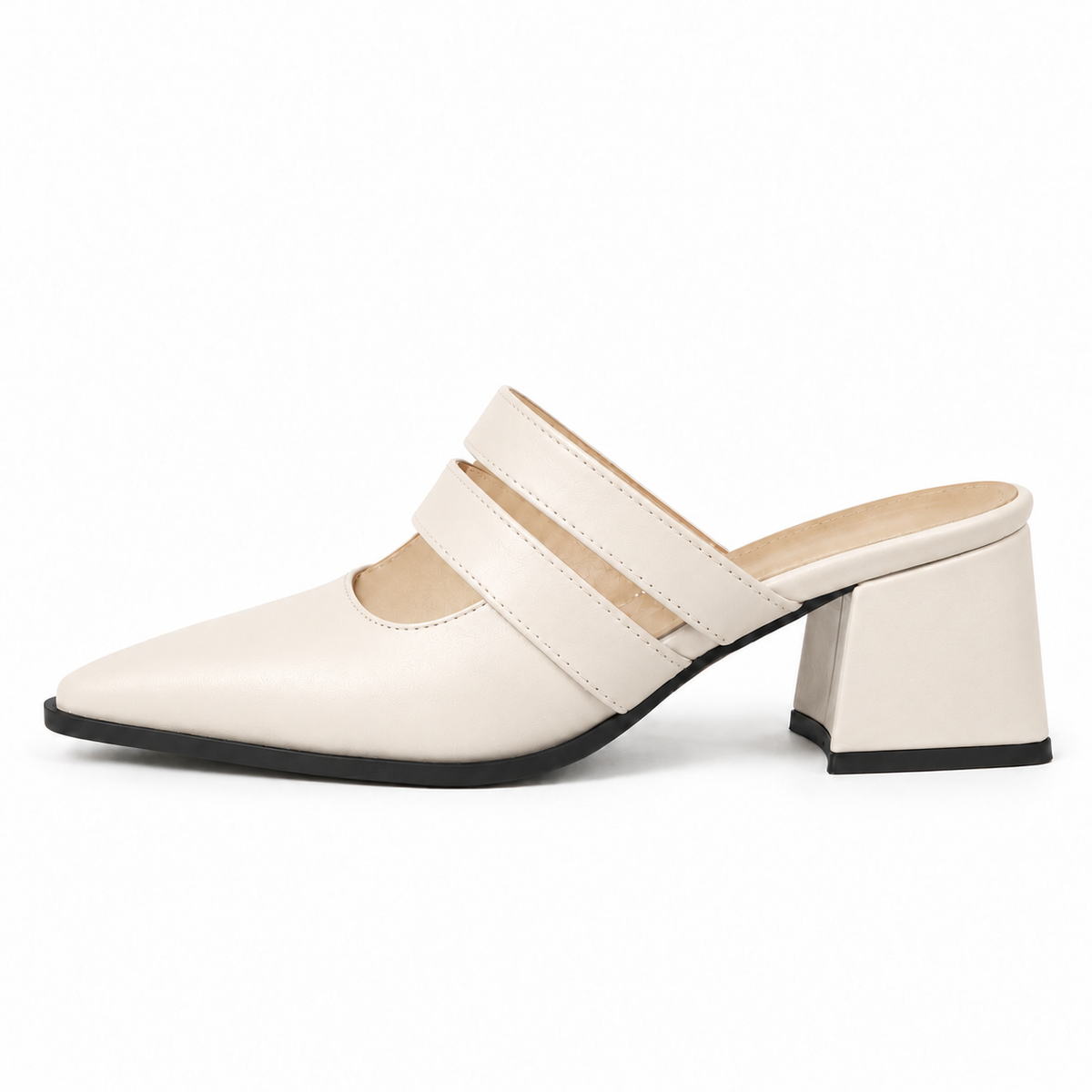 Double Strap Mules Ivory – ميول حريمي بكعب جلد صناعي أوف وايت، من الجنب – ECADRA