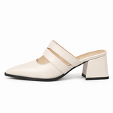 Double Strap Mules Ivory – ميول حريمي بكعب جلد صناعي أوف وايت، من الجنب – ECADRA