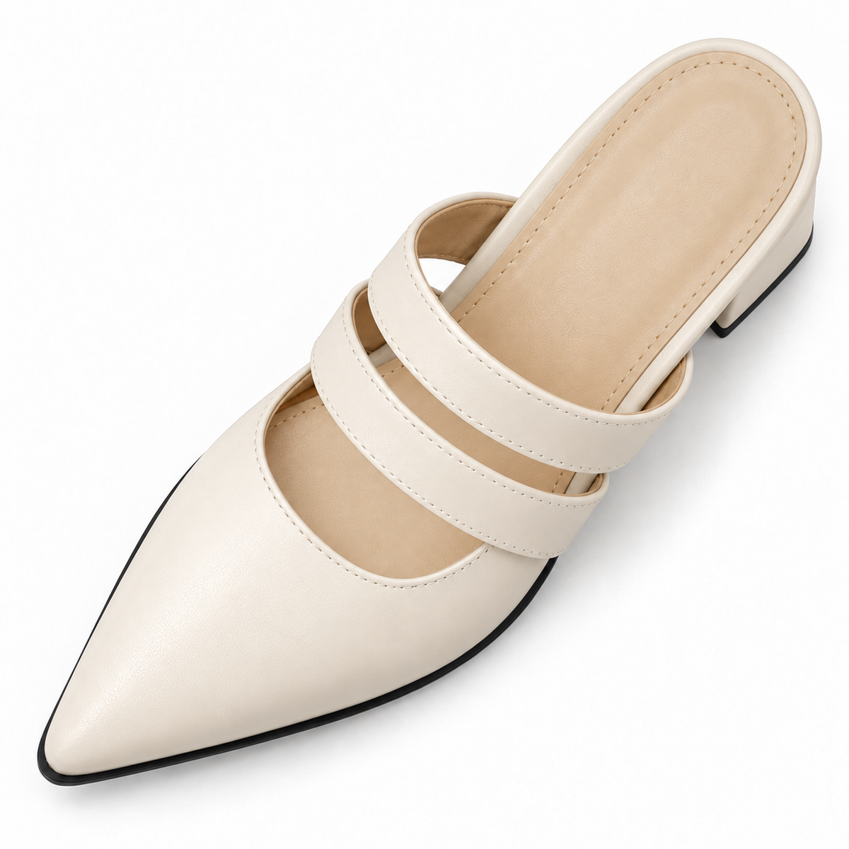 Double Strap Mules Ivory – ميول حريمي بكعب جلد صناعي أوف وايت، من فوق – ECADRA